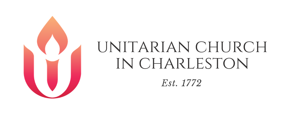 Logo of The Unitarian Church in Charleston featuring a stylized flame and text, established in 1772.
