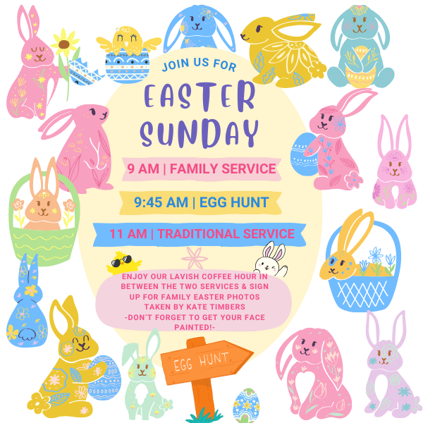 Easter Sunday events with services and egg hunt at The Unitarian Church in Charleston, featuring colorful bunnies.