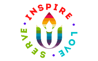 Rainbow chalice logo with Inspire, Love, Serve text, symbolizing unity and diversity.