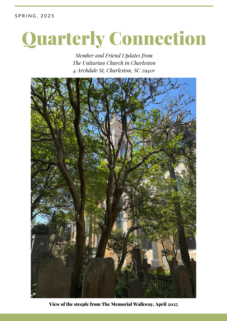 Steeple peeking through trees in The Unitarian Church in Charleston cemetery, under a clear blue sky.