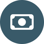Icon of a simple, rounded banknote symbol on a dark teal circle, representing donations or financial contributions.